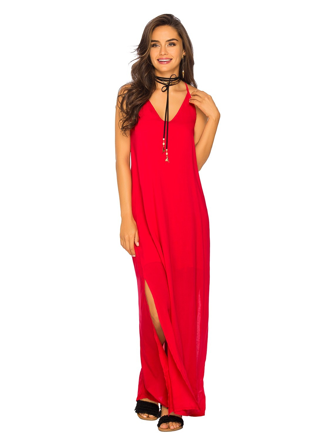 Robe Rouge Longue Fines Bretelles Beachwear
