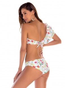 Haut de maillot de bain bandeau asymétrique à volants imprimés fleuris blanc - Sienna - Milonga