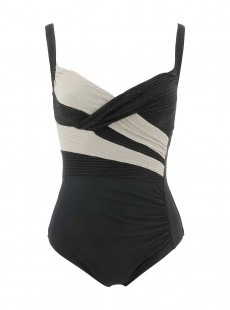 Maillot de bain sculptant 1 pièce Nemesis noir et beige - Lurex Lines - Miradonna