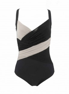 Maillot de bain sculptant 1 pièce Athena noir et beige - Lurex Lines - Miradonna